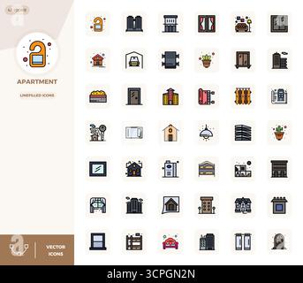 Ce pack d'icônes vectorielles Appartement comprend 42 dessins LineFilled au format 128x128 PIXELS parfait, parfait pour améliorer les interfaces numériques. Illustration de Vecteur