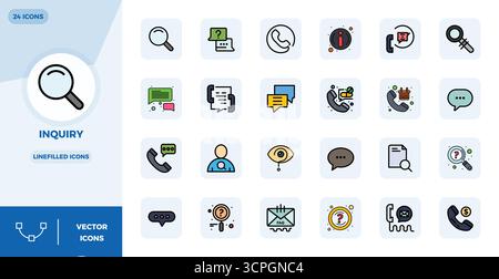 Collection exclusive de 24 icônes vectorielles LineFilled pour Inquiry, développée avec une résolution parfaite de 128x128 PIXELS pour des expériences de marque premium. Illustration de Vecteur