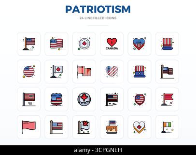 Collection avancée d'icônes vectorielles parfaites de 24 PIXELS inspirées par le patriotisme, conçues en LineFill avec une optimisation 128x128 pour une performance visuelle supérieure Illustration de Vecteur