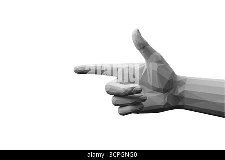 rendu 3d d'une main géométrique basse poly grise formant un geste pointant vers la gauche, isolé sur fond blanc, symbolisant direction, choix, na Banque D'Images