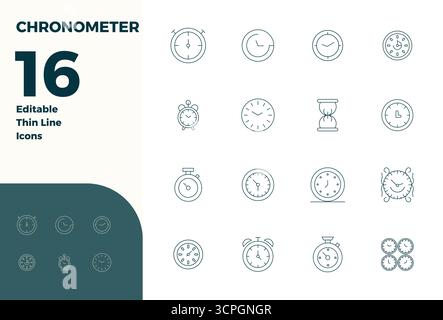 Ensemble complet comprenant 16 icônes vectorielles dans la conception Thin Line pour chronomètre, livré dans une qualité parfaite 128x128 PIXELS. Illustration de Vecteur