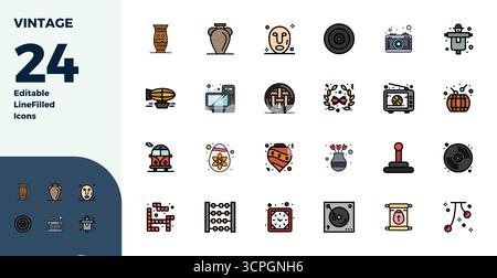Découvrez un ensemble de 24 icônes vectorielles Duotone conçues pour le thème Vintage, avec des designs parfaits 128x128 PIXELS idéaux pour les projets UI / UX modernes. Illustration de Vecteur