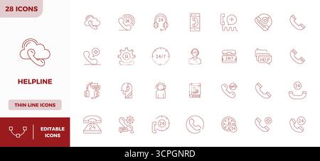 Paquet complet de 28 icônes vectorielles sur le thème de Helpline, présentant la conception minimale de ligne en 128x128 PIXELS DE qualité parfaite pour les interfaces modernes. Illustration de Vecteur