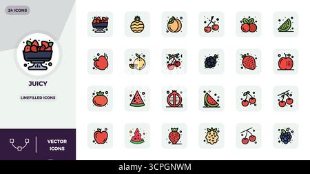 Collection exclusive de 24 icônes vectorielles LineFilled pour Juicy, développée avec une résolution parfaite de 128x128 PIXELS pour des expériences de marque premium. Illustration de Vecteur