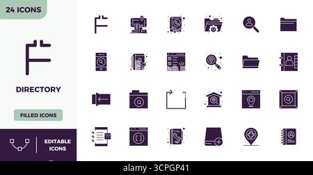 Ensemble sophistiqué de 24 icônes vectorielles remplies pour Directory, conçu avec 128x128 PIXELS clarté parfaite pour les applications professionnelles. Illustration de Vecteur