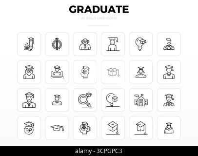 Pack organisé de 24 icônes vectorielles 128x128 dans un design Strong Outline, centré autour de concepts Graduate avec une clarté parfaite DE PIXEL. Illustration de Vecteur