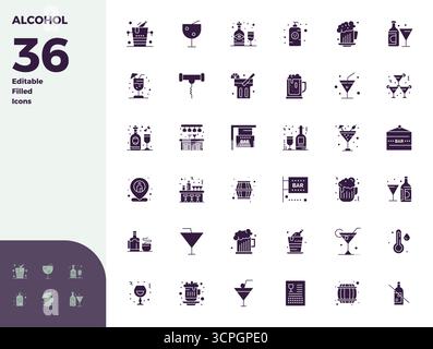 Collection de 36 icônes vectorielles parfaites de PIXEL rempli de glyphe pour l'alcool, conçues en format 128x128 pour la clarté et la polyvalence. Illustration de Vecteur