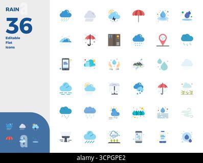Ensemble sophistiqué de 36 icônes vectorielles plates pour Rain, conçu avec une clarté parfaite de 128x128 PIXELS pour les applications professionnelles. Illustration de Vecteur