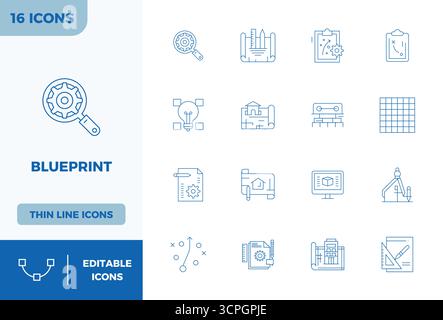 Un ensemble dynamique de 16 icônes vectorielles dans minimal Line, adapté pour Blueprint avec 128x128 PIXELS DE qualité parfaite adapté aux produits numériques. Illustration de Vecteur