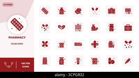Pack essentiel d'icônes vectorielles parfaites de 24 PIXELS pour pharmacie en format rempli, dimensionné à 128x128 pour une performance et une évolutivité optimales. Illustration de Vecteur