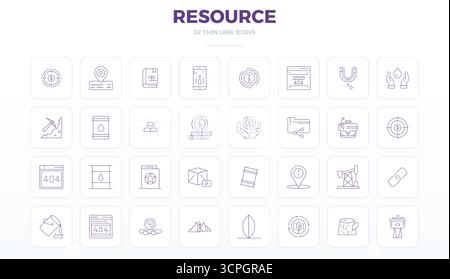 Ensemble sophistiqué de 32 icônes vectorielles Thin Outline pour Resource, conçu avec 128x128 PIXELS clarté parfaite pour les applications professionnelles. Illustration de Vecteur