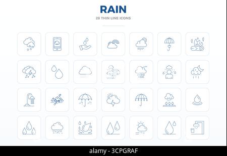 Ultime collection de 28 icônes vectorielles représentant la pluie dans l'esthétique Thin Outline, optimisée avec 128x128 PIXELS résolution parfaite pour un impact maximal Illustration de Vecteur