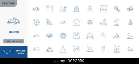 Pack organisé de 32 icônes vectorielles 128x128 dans la conception de ligne minimale, centrées autour de concepts de randonnée avec une clarté parfaite DE PIXEL. Illustration de Vecteur