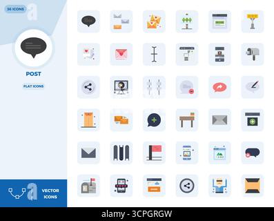 Pack essentiel d'icônes vectorielles parfaites de 36 PIXELS pour Post en format plat, dimensionné à 128x128 pour des performances et une évolutivité optimales. Illustration de Vecteur