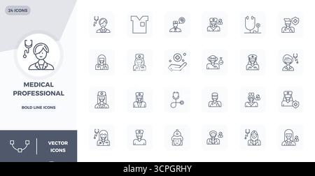 Un ensemble dynamique de 24 icônes vectorielles en Bold Line, adapté pour les professionnels médicaux avec 128x128 PIXELS DE qualité parfaite adapté aux produits numériques. Illustration de Vecteur