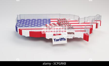 Concept : protectionnisme commercial par les États-Unis en mettant en œuvre des droits de douane de 100% sur les « produits pharmaceutiques ». Une clôture de sécurité construite autour d'une carte des Etats-Unis avec Banque D'Images