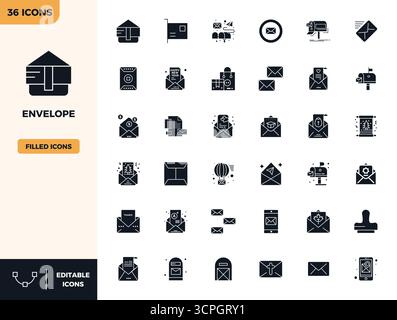 Ensemble sophistiqué de 36 icônes vectorielles remplies pour Envelope, conçu avec 128x128 PIXELS clarté parfaite pour les applications professionnelles. Illustration de Vecteur