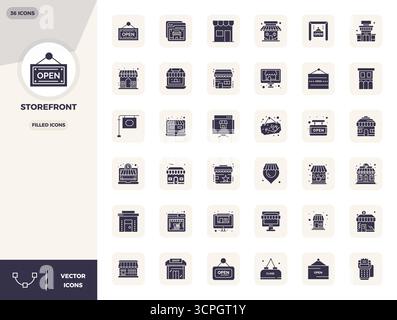 Ensemble raffiné avec 36 icônes vectorielles remplies pour Storefront, optimisé avec 128x128 PIXELS DE qualité parfaite pour un solutio de design élégant et fonctionnel Illustration de Vecteur