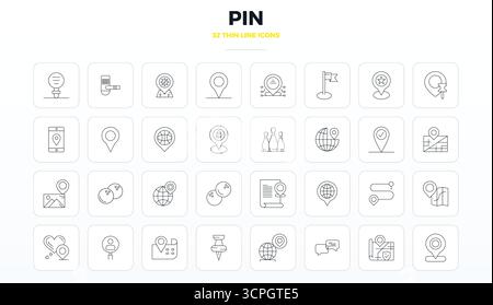 Pack distinctif d'icônes vectorielles parfaites de 32 PIXELS inspirées par PIN, conçues en format Thin Outline à 128x128 pour des expériences de marque mémorables. Illustration de Vecteur