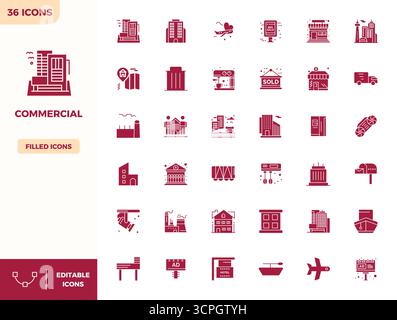 Collection exclusive de 36 icônes vectorielles remplies pour commercial, développée avec une résolution parfaite de 128x128 PIXELS pour des expériences de marque premium. Illustration de Vecteur