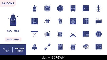 Découvrez un ensemble de 24 icônes vectorielles remplies conçues pour le thème des vêtements, avec des designs parfaits 128x128 PIXELS idéaux pour les projets UI / UX modernes. Illustration de Vecteur