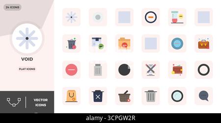 Collection exclusive de 24 icônes vectorielles plates pour Void, développée avec une résolution parfaite de 128x128 PIXELS pour des expériences de marque premium. Illustration de Vecteur