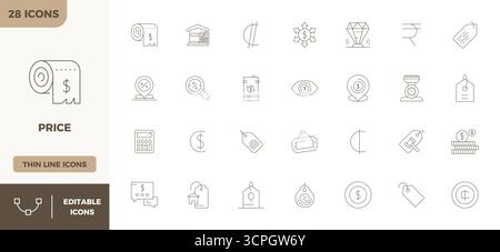 Ce pack d'icônes vectorielles de prix comprend 28 designs minimaux Line au format parfait 128x128 PIXELS, parfait pour améliorer les interfaces numériques. Illustration de Vecteur