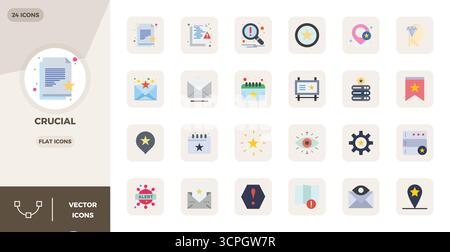 Soigneusement sélectionnés 24 icônes vectorielles plates pour crucial, avec une résolution parfaite de 128x128 PIXELS pour une représentation cohérente de la marque et une expérience utilisateur Illustration de Vecteur