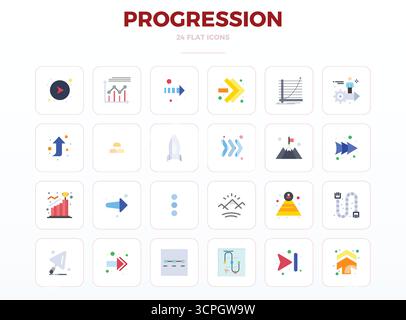 Ce pack d'icônes vectorielles de progression comprend 24 designs minimaux plats au format 128x128 PIXELS parfait, parfait pour améliorer les interfaces numériques. Illustration de Vecteur