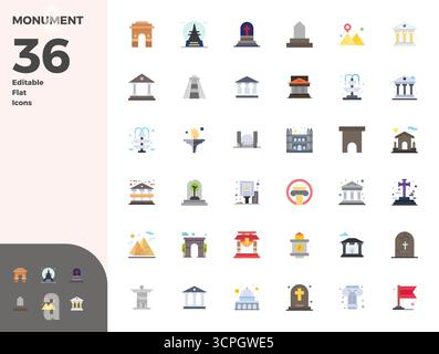 Icônes vectorielles parfaites de 36 PIXELS intelligemment conçues inspirées de Monument, créées en format plat à 128x128 pour des workflows de conception intelligents et efficaces. Illustration de Vecteur