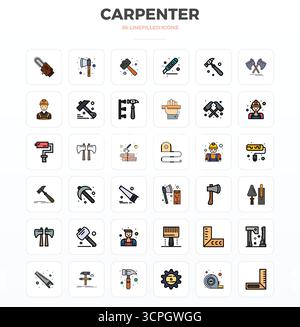 Cette collection comprend 36 icônes vectorielles LineFill PIXEL Perfect adaptées au thème Carpenter, optimisées au format 128x128 pour la conception numérique. Illustration de Vecteur