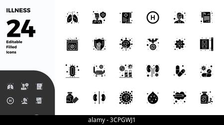 Un ensemble polyvalent de 24 icônes vectorielles pleines de PIXELS pleins de glyphe axées sur la maladie, livrées dans un format 128x128 net idéal pour les applications mobiles et web Illustration de Vecteur