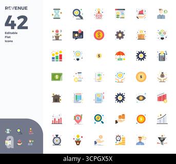 Pack stratégique avec 42 icônes vectorielles représentant les revenus au format plat, optimisé avec 128x128 PIXELS DE qualité parfaite pour le flux de travail professionnel Illustration de Vecteur