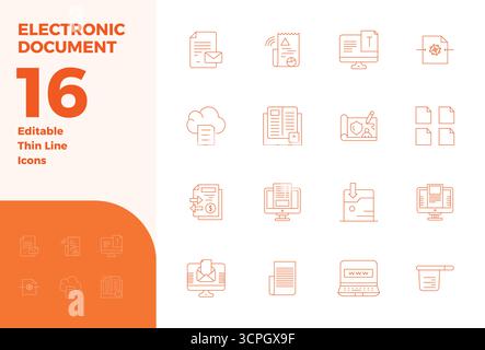 Pack prêt pour l'avenir de 16 icônes vectorielles sur le thème du document électronique, présentant la conception Thin Line avec 128x128 PIXELS clarté parfaite pour l'innovation Illustration de Vecteur
