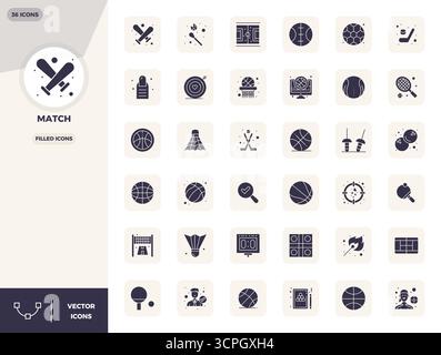 Ensemble raffiné avec 36 icônes vectorielles remplies pour match, optimisé avec 128x128 PIXELS DE qualité parfaite pour des solutions de conception élégantes et fonctionnelles. Illustration de Vecteur