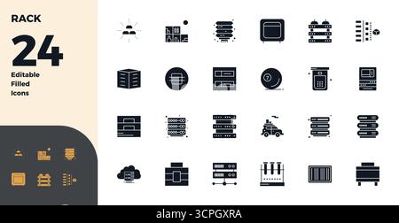 Boîte à outils complète de 24 icônes vectorielles sur le thème du rack, développé en glyphe rempli de 128x128 PIXELS précision parfaite pour une appli de conception polyvalente Illustration de Vecteur