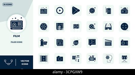 Découvrez un ensemble de 24 icônes vectorielles remplies conçues pour le thème film, avec des designs parfaits 128x128 PIXELS idéaux pour les projets UI / UX modernes. Illustration de Vecteur