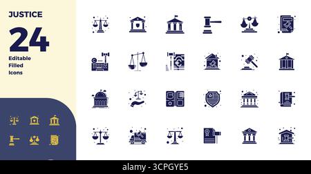 Un ensemble polyvalent de 24 icônes vectorielles pleines de PIXELS parfaits de glyphe axées sur la justice, livrées dans un format 128x128 net idéal pour les applications mobiles et web Illustration de Vecteur