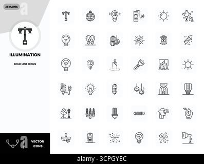 Icônes vectorielles 36 Bold Line conçues avec précision pour illumination, conçues à 128x128 PIXELS résolution parfaite pour une clarté et une évolutivité exceptionnelles. Illustration de Vecteur