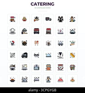 Pack distinctif d'icônes vectorielles parfaites de 36 PIXELS inspirées par la restauration, conçues en format LineFill à 128x128 pour des expériences de marque mémorables. Illustration de Vecteur