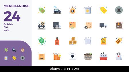 Améliorez vos projets avec 24 icônes vectorielles plates sur le thème de la marchandise, avec 128x128 PIXELS résolution parfaite idéale pour propre et professionnel Illustration de Vecteur