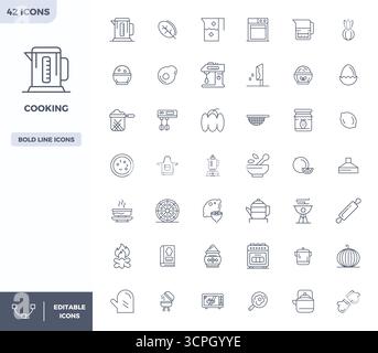 Cet ensemble de 42 icônes vectorielles Heavy Line capture des thèmes de cuisine en 128x128 PIXELS DE qualité parfaite, parfait pour les applications technologiques et commerciales. Illustration de Vecteur