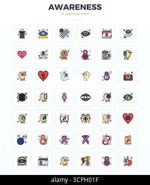 Pack innovant de 42 icônes vectorielles sur le thème de la sensibilisation, présentant la conception de LineFill en 128x128 PIXELS format parfait pour les solutions numériques modernes. Illustration de Vecteur