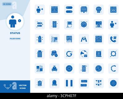 Collection de 36 icônes vectorielles pleines de PIXEL parfait pour Status, conçu en format 128x128 pour la clarté et la polyvalence. Illustration de Vecteur