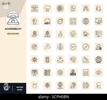 Un ensemble polyvalent de 42 icônes vectorielles Bold Line PIXEL parfaites axées sur l'accessibilité, livrées dans un format 128x128 net idéal pour les appliques mobiles et web Illustration de Vecteur