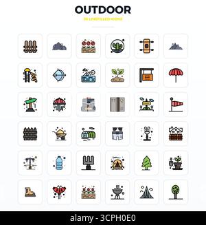Pack distinctif d'icônes vectorielles parfaites de 36 PIXELS inspirées par Outdoor, conçues en format LineFill à 128x128 pour des expériences de marque mémorables. Illustration de Vecteur
