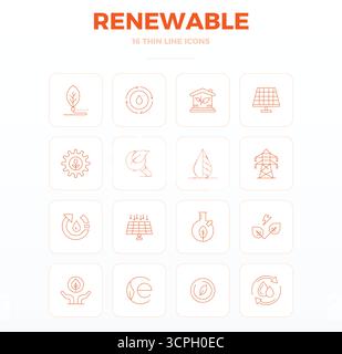 Un ensemble dynamique de 16 icônes vectorielles dans Thin Outline, adapté pour renouvelable avec 128x128 PIXELS DE qualité parfaite adapté aux produits numériques. Illustration de Vecteur