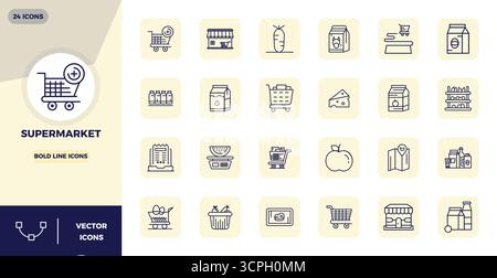 Soigneusement curated 24 icônes vectorielles Bold Line pour supermarché, avec 128x128 PIXELS résolution parfaite pour une représentation cohérente de la marque et de l'utilisateur e Illustration de Vecteur