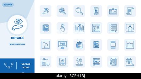 Collection exclusive de 24 icônes vectorielles Bold Line pour Détails, développée avec une résolution parfaite de 128x128 PIXELS pour des expériences de marque premium. Illustration de Vecteur
