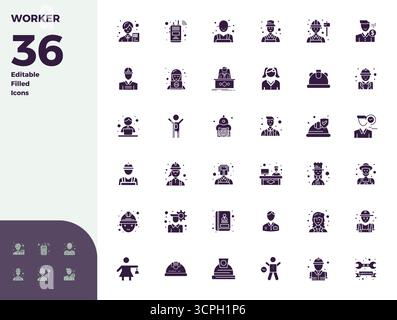 Ensemble simplifié de 36 icônes vectorielles pour Worker dans l'esthétique remplie de glyphes, avec une résolution parfaite de 128x128 PIXELS pour des expériences utilisateur transparentes. Illustration de Vecteur